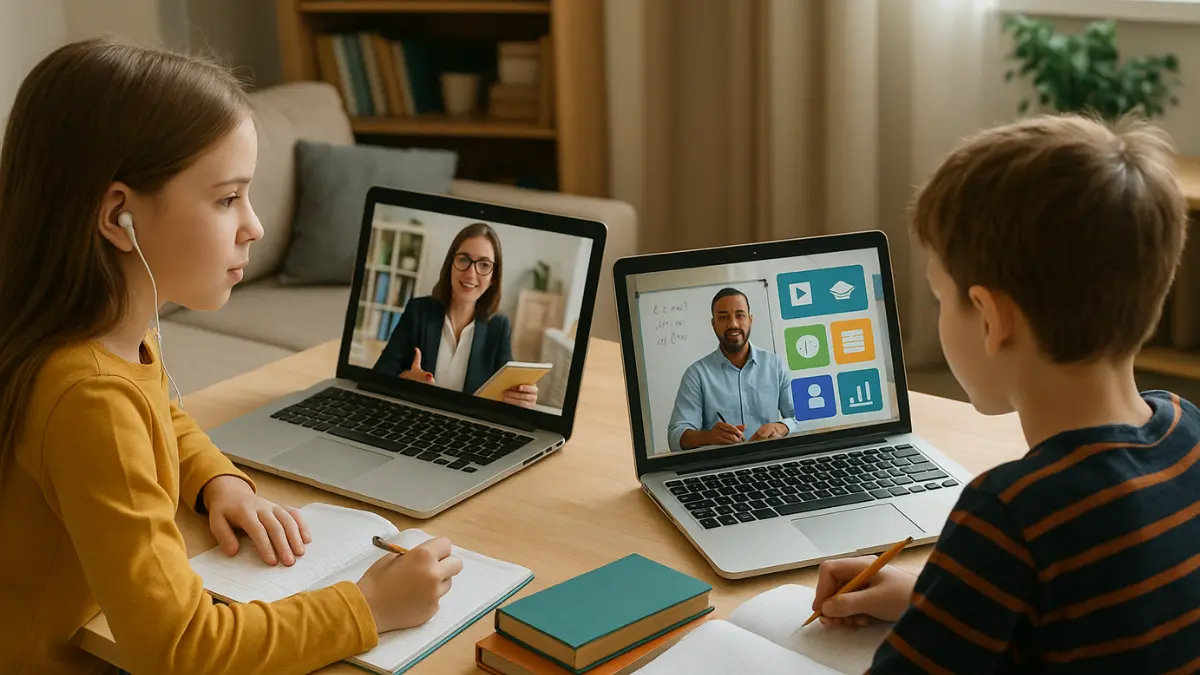 Frau sitzt am Schreibtisch und arbeitet am Laptop im Online-Unterricht.